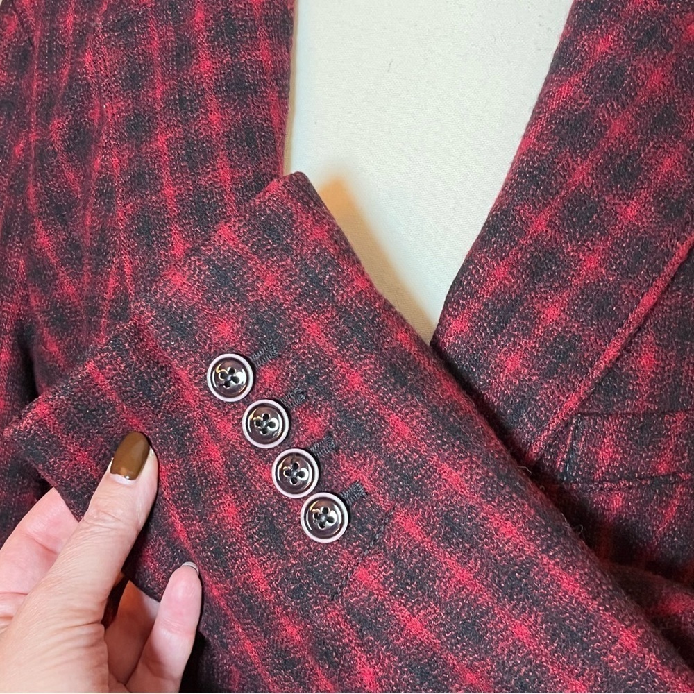 Eddie Bauer Tartan Plaid Burgundy Red Black Wool Double Button Blazer Size 14 - Picture 4 of 7